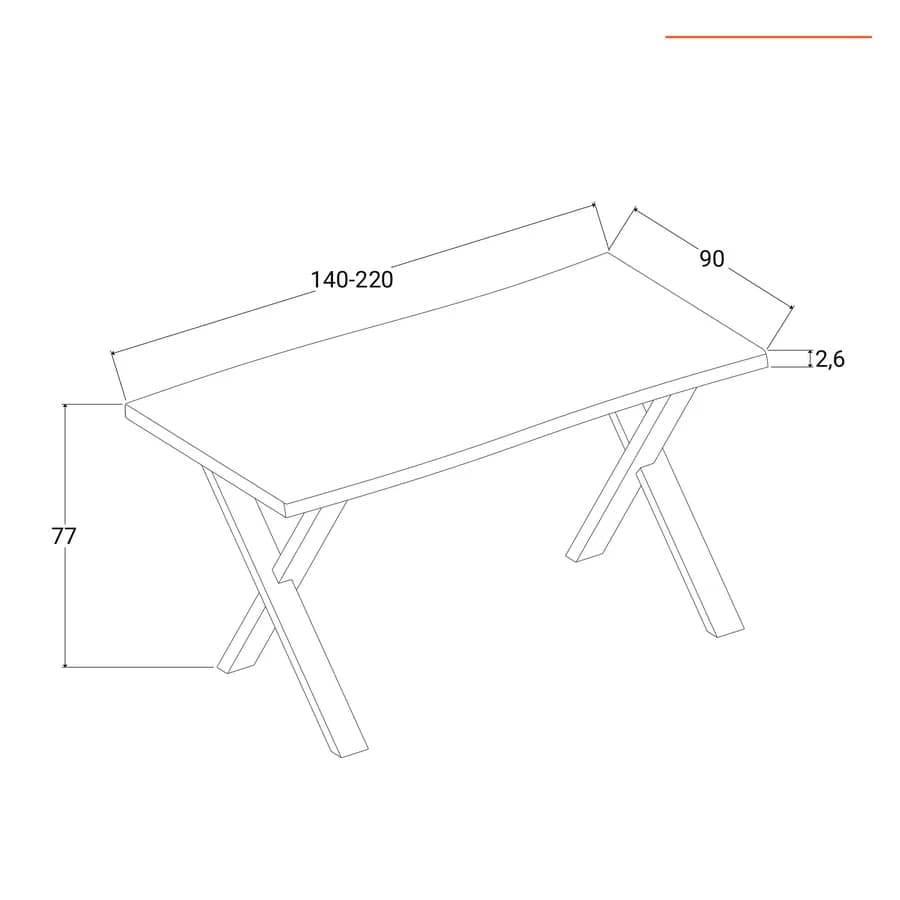 Tavolo allungabile 140-220x90 cm piano in legno di acacia 26 mm e gambe a X 8x4 in metallo nero - Freia Bosco