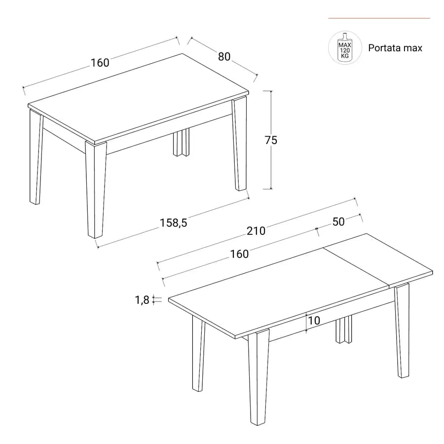 Tavolo allungabile 160-210x80 cm bianco - Amigo