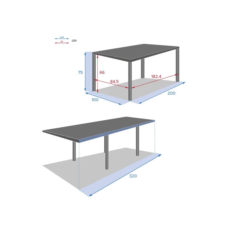 Tavolo allungabile 200/320x100 cm top in vetro e struttura in alluminio grafite - Pozar