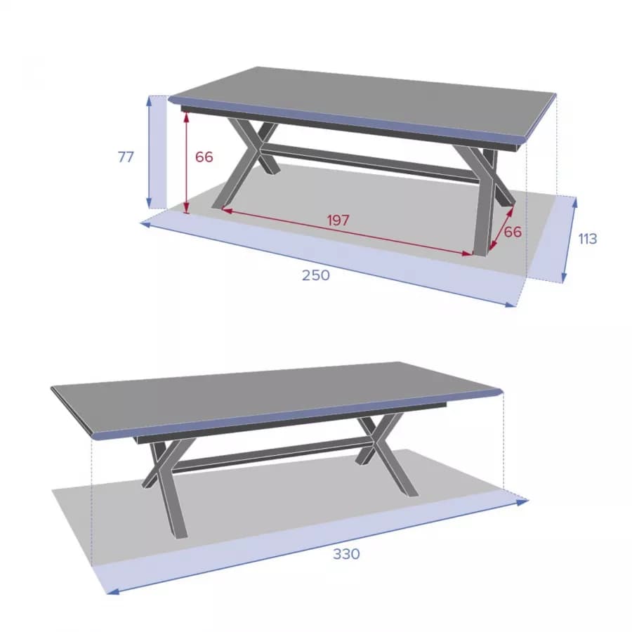 Tavolo allungabile da esterno 250/330x113 cm in alluminio grafite con top a doghe effetto legno - Jalime