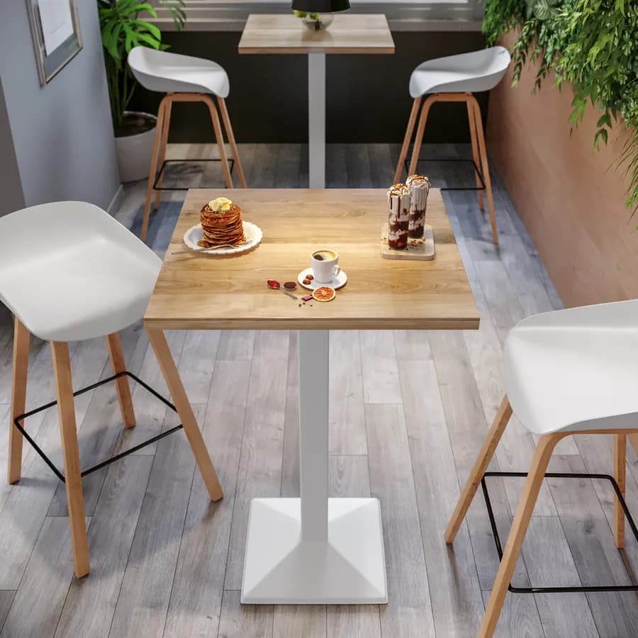 Tavolo alto 60x60 cm con piano rovere e struttura in metallo bianco - Caio