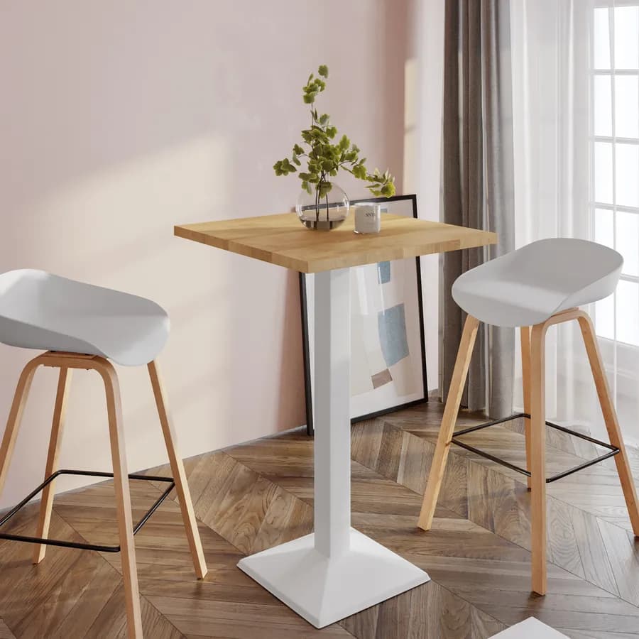 Tavolo alto 60x60 cm con piano rovere e struttura in metallo bianco - Caio