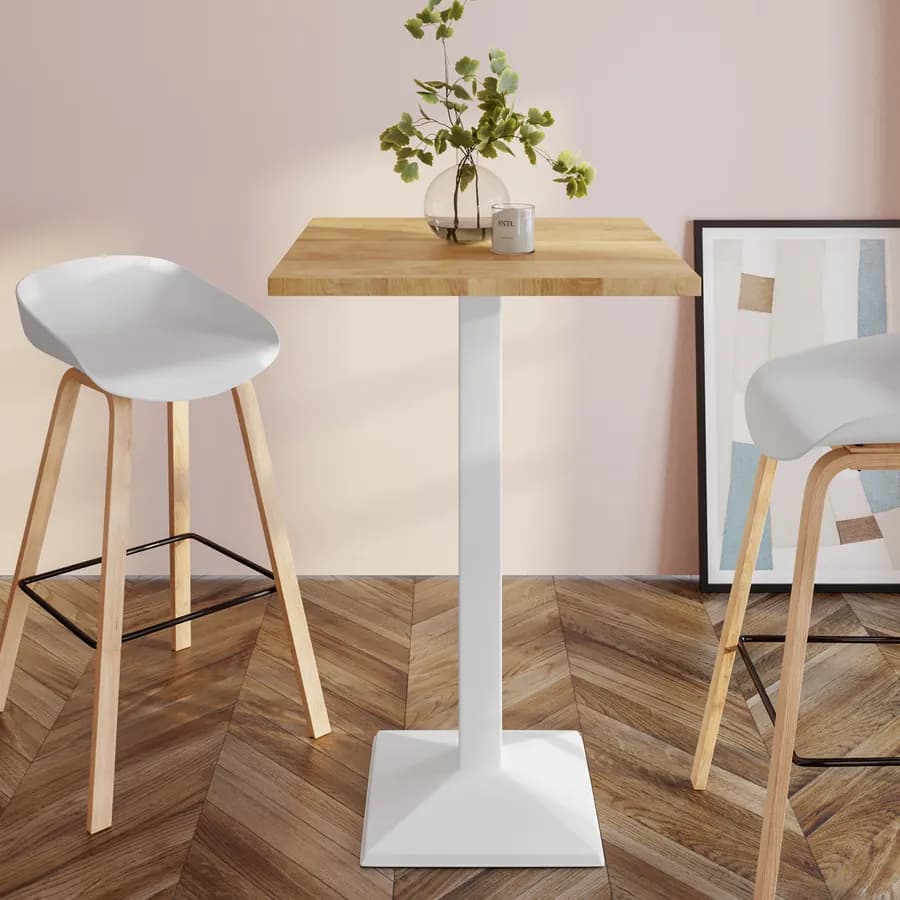 Tavolo alto 60x60 cm con piano rovere e struttura in metallo bianco - Caio