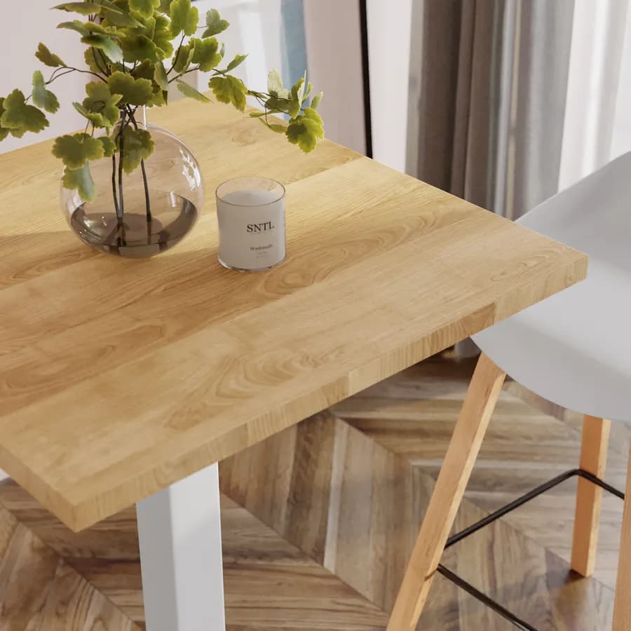 Tavolo alto 60x60 cm con piano rovere e struttura in metallo bianco - Caio
