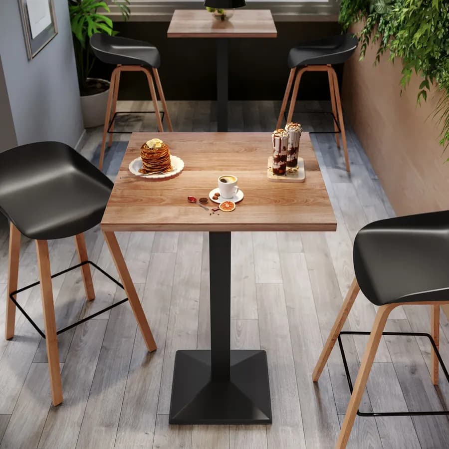 Tavolo alto 60x60 cm con piano rovere scuro e struttura in metallo nero - Caio