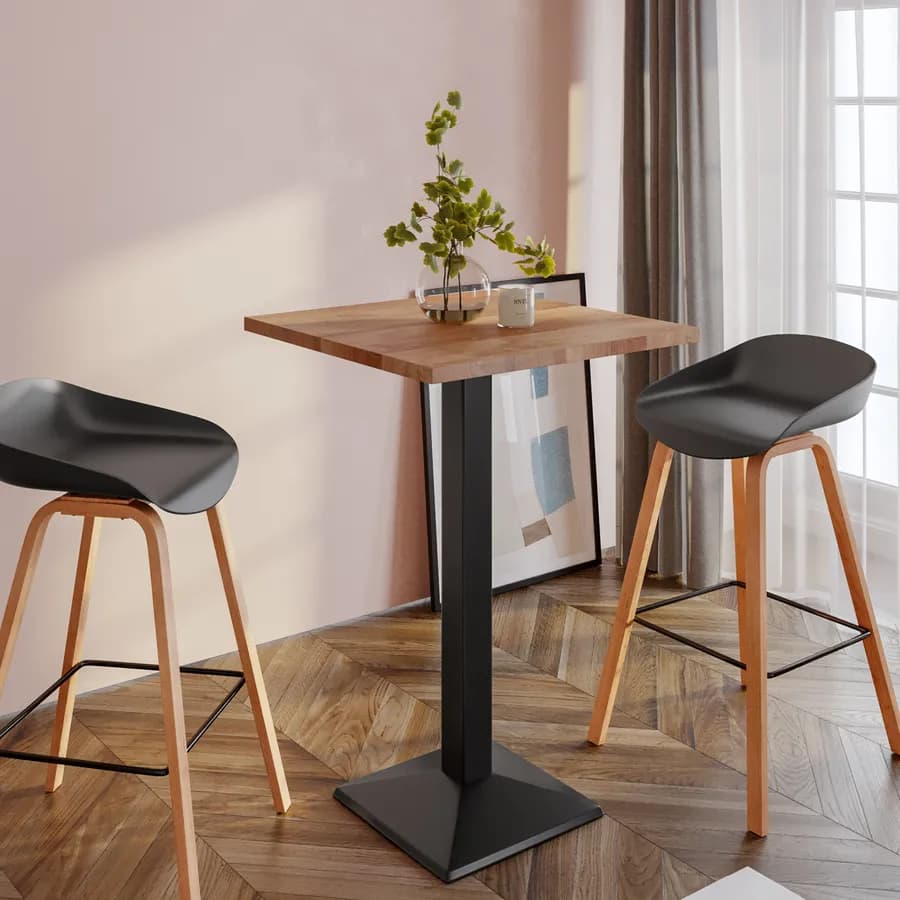 Tavolo alto 60x60 cm con piano rovere scuro e struttura in metallo nero - Caio