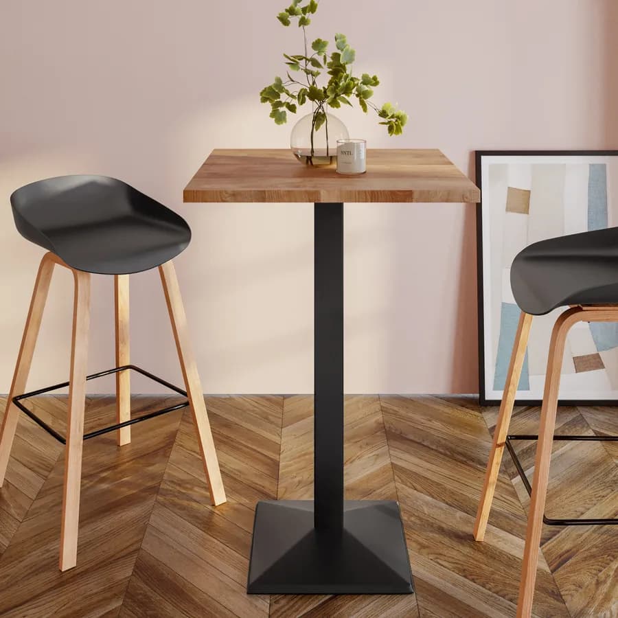Tavolo alto 60x60 cm con piano rovere scuro e struttura in metallo nero - Caio