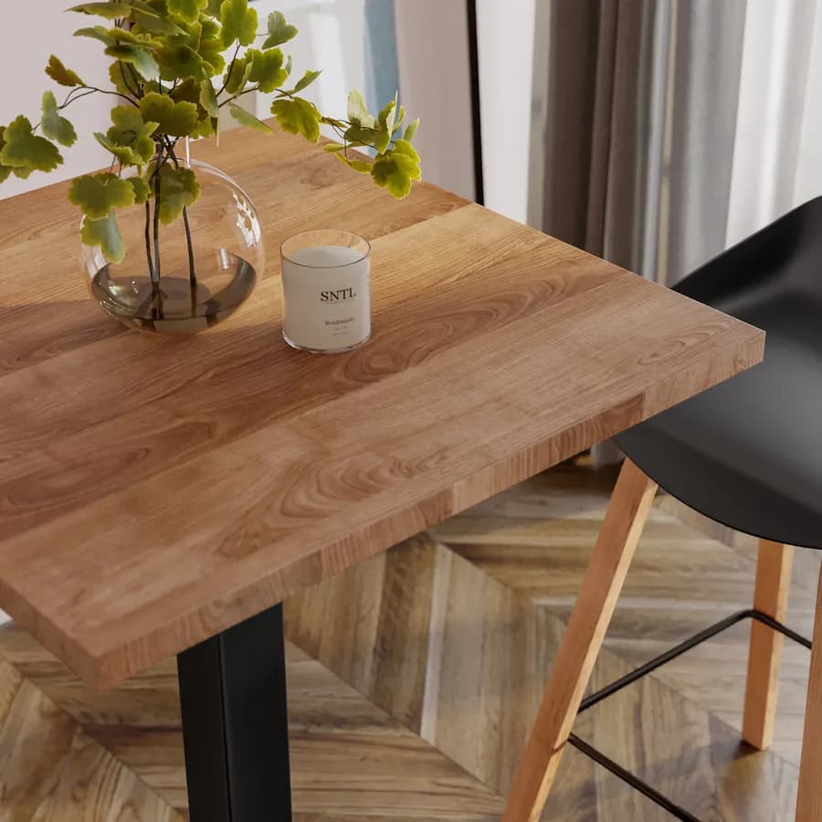 Tavolo alto 60x60 cm con piano rovere scuro e struttura in metallo nero - Caio