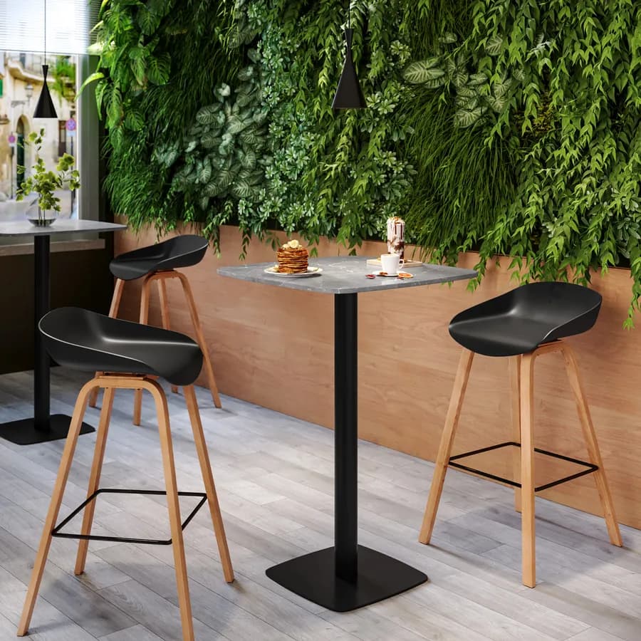 Tavolo alto 60x60 cm top effetto marmo grigio con bordi arrotondati e base in metallo nero - Caio Round