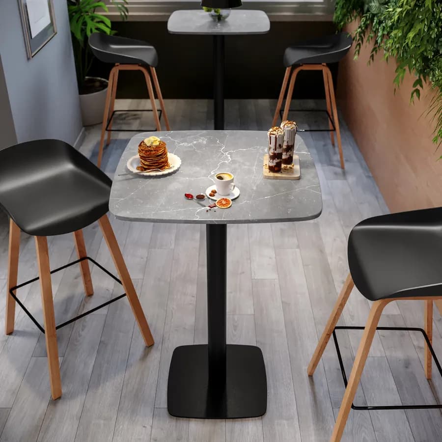 Tavolo alto 60x60 cm top effetto marmo grigio con bordi arrotondati e base in metallo nero - Caio Round