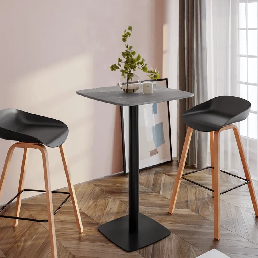 Tavolo alto 60x60 cm top effetto marmo grigio con bordi arrotondati e base in metallo nero - Caio Round