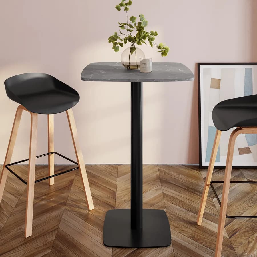 Tavolo alto 60x60 cm top effetto marmo grigio con bordi arrotondati e base in metallo nero - Caio Round