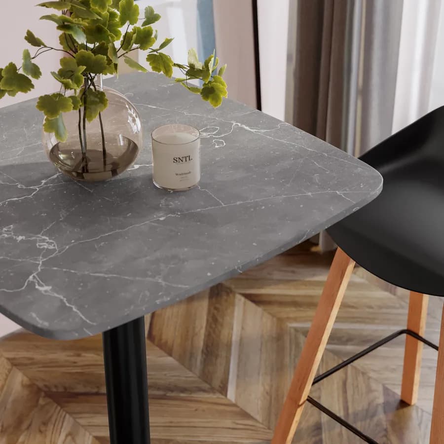 Tavolo alto 60x60 cm top effetto marmo grigio con bordi arrotondati e base in metallo nero - Caio Round