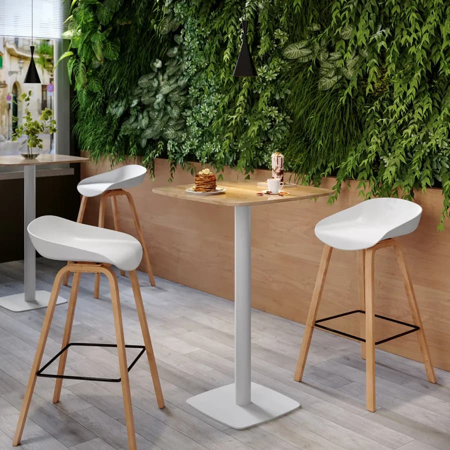 Tavolo alto 60x60 cm top effetto rovere con bordi arrotondati e base in metallo bianco - Caio Round