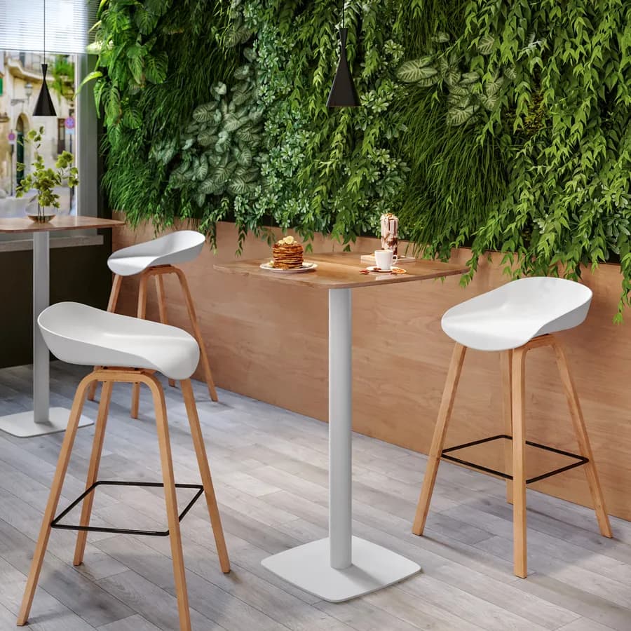 Tavolo alto 60x60 cm top effetto rovere scuro con bordi arrotondati e base in metallo bianco - Caio Round