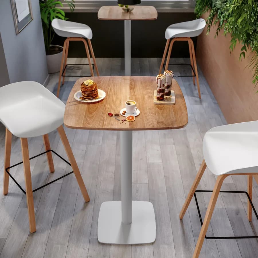 Tavolo alto 60x60 cm top effetto rovere scuro con bordi arrotondati e base in metallo bianco - Caio Round