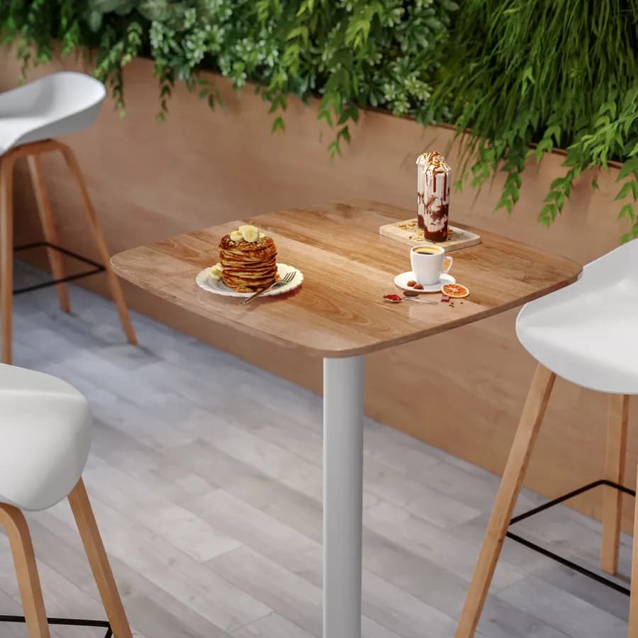 Tavolo alto 60x60 cm top effetto rovere scuro con bordi arrotondati e base in metallo bianco - Caio Round