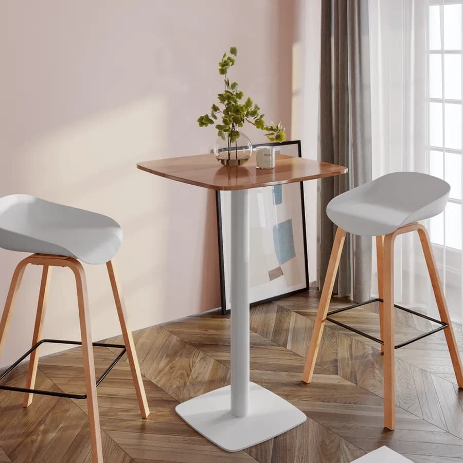 Tavolo alto 60x60 cm top effetto rovere scuro con bordi arrotondati e base in metallo bianco - Caio Round