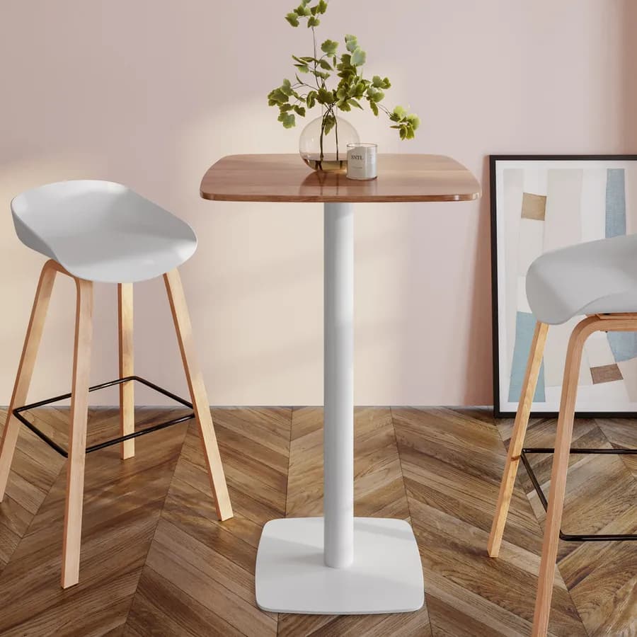 Tavolo alto 60x60 cm top effetto rovere scuro con bordi arrotondati e base in metallo bianco - Caio Round
