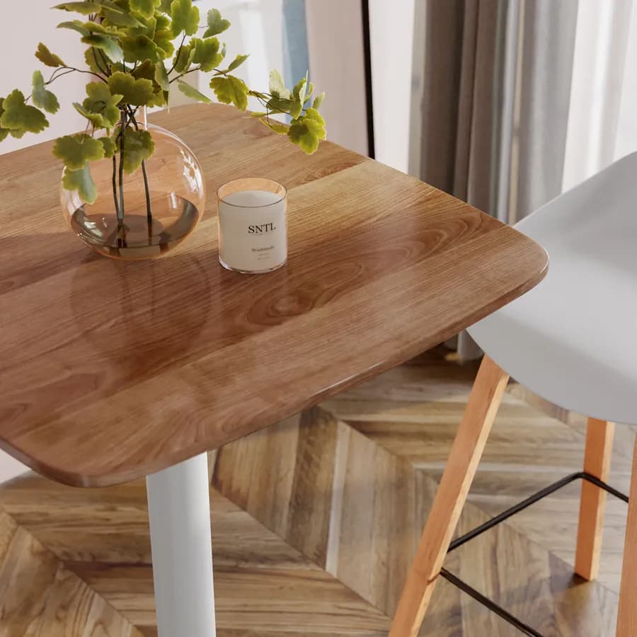 Tavolo alto 60x60 cm top effetto rovere scuro con bordi arrotondati e base in metallo bianco - Caio Round