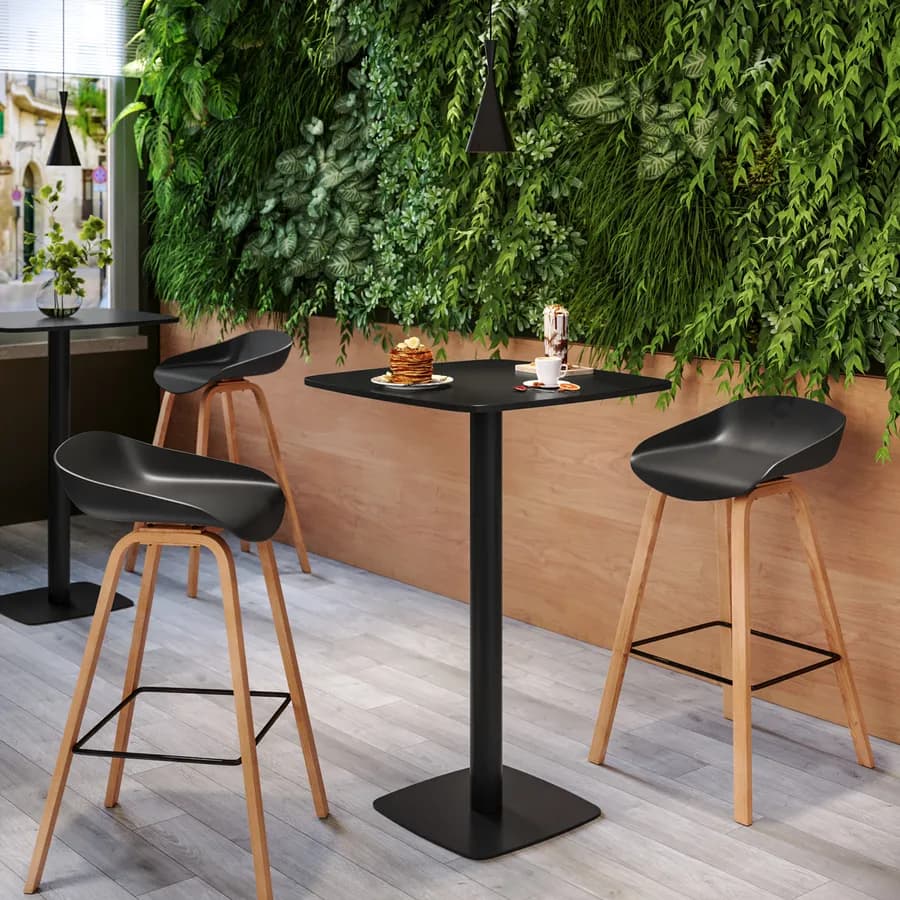 Tavolo alto 60x60 cm top nero con bordi arrotondati con base in metallo nero - Caio Round