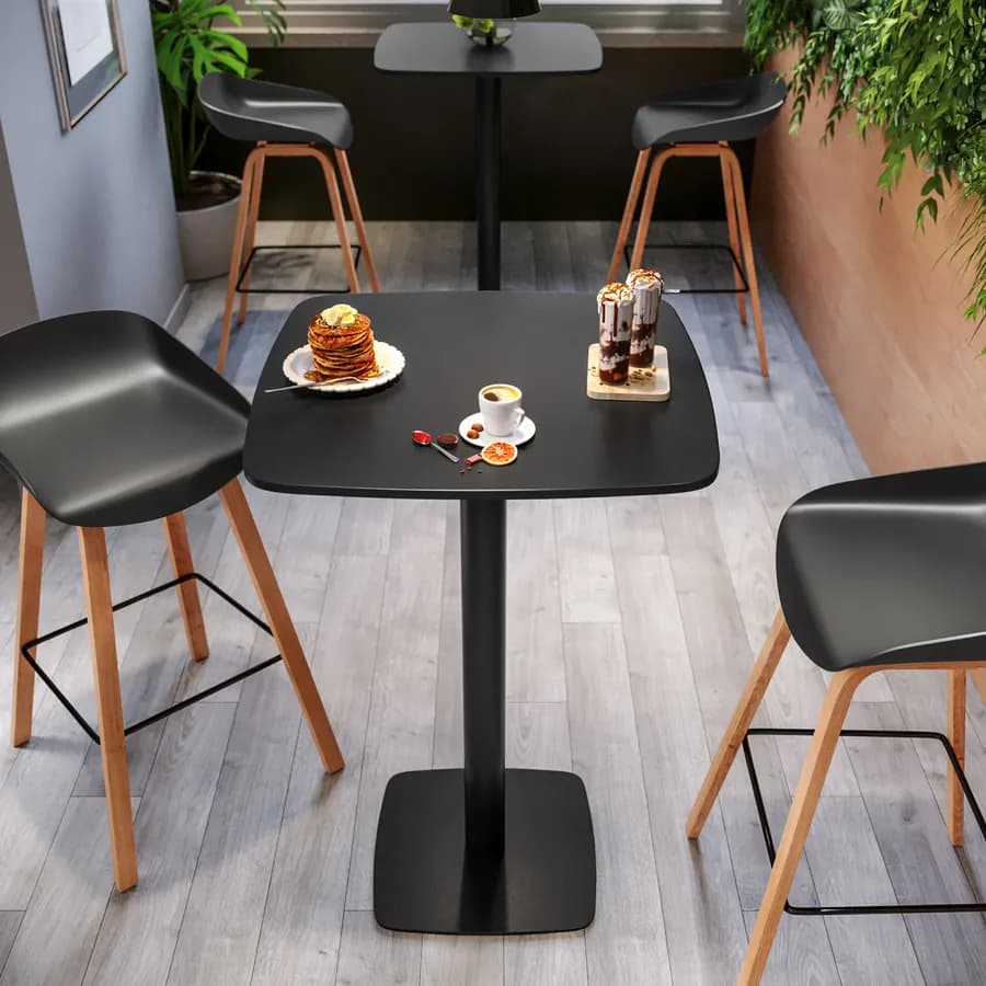 Tavolo alto 60x60 cm top nero con bordi arrotondati con base in metallo nero - Caio Round