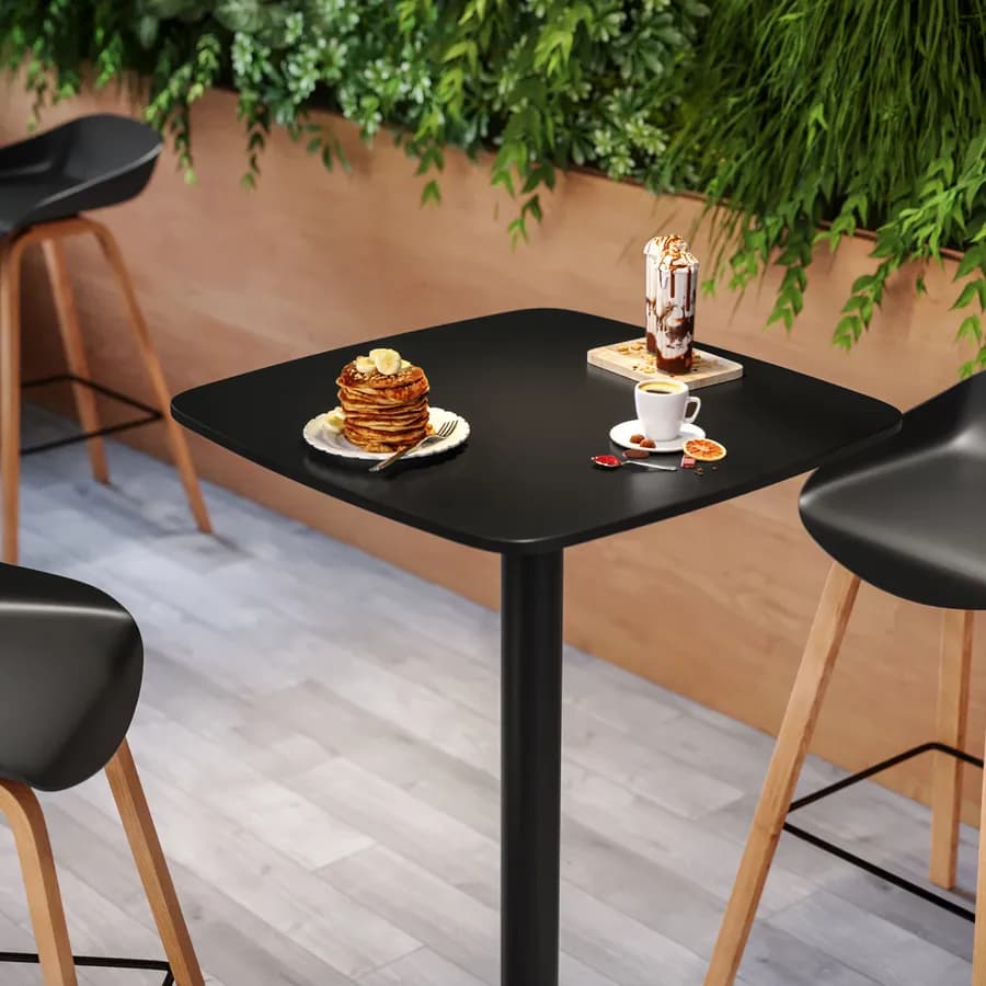 Tavolo alto 60x60 cm top nero con bordi arrotondati con base in metallo nero - Caio Round
