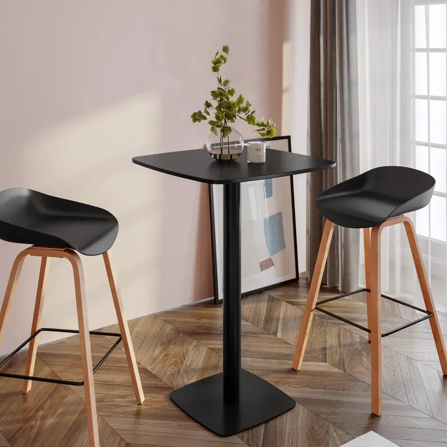 Tavolo alto 60x60 cm top nero con bordi arrotondati con base in metallo nero - Caio Round