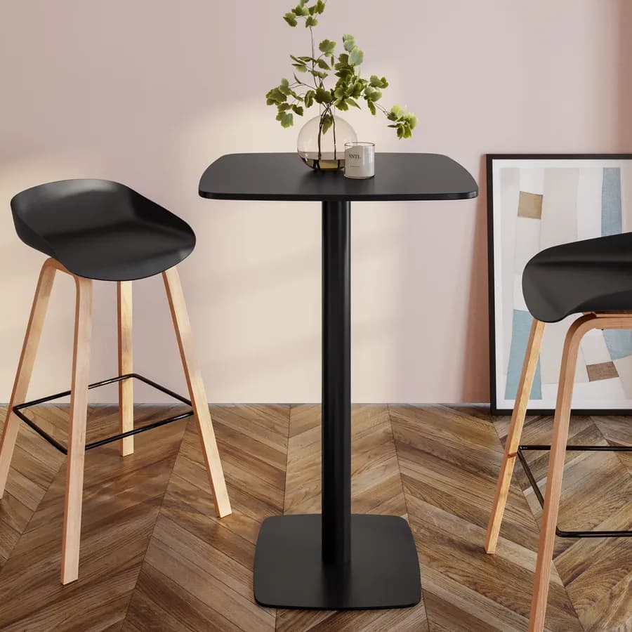 Tavolo alto 60x60 cm top nero con bordi arrotondati con base in metallo nero - Caio Round