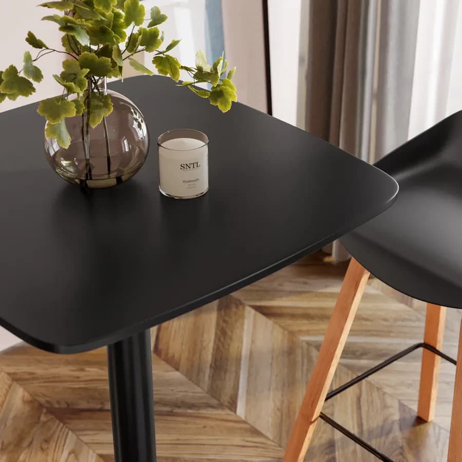 Tavolo alto 60x60 cm top nero con bordi arrotondati con base in metallo nero - Caio Round