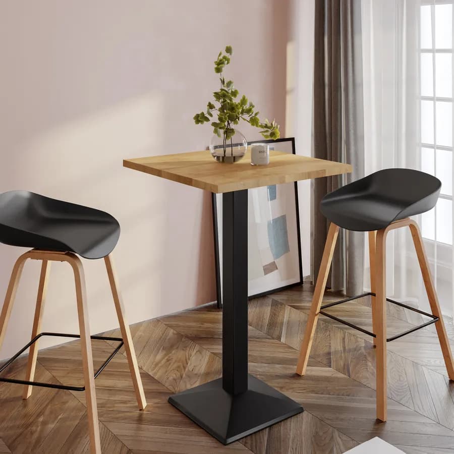 Tavolo alto 70x70 cm con piano rovere e struttura in metallo nero - Caio