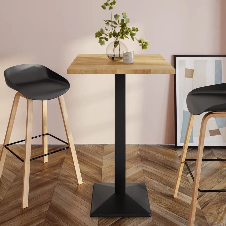 Tavolo alto 70x70 cm con piano rovere e struttura in metallo nero - Caio