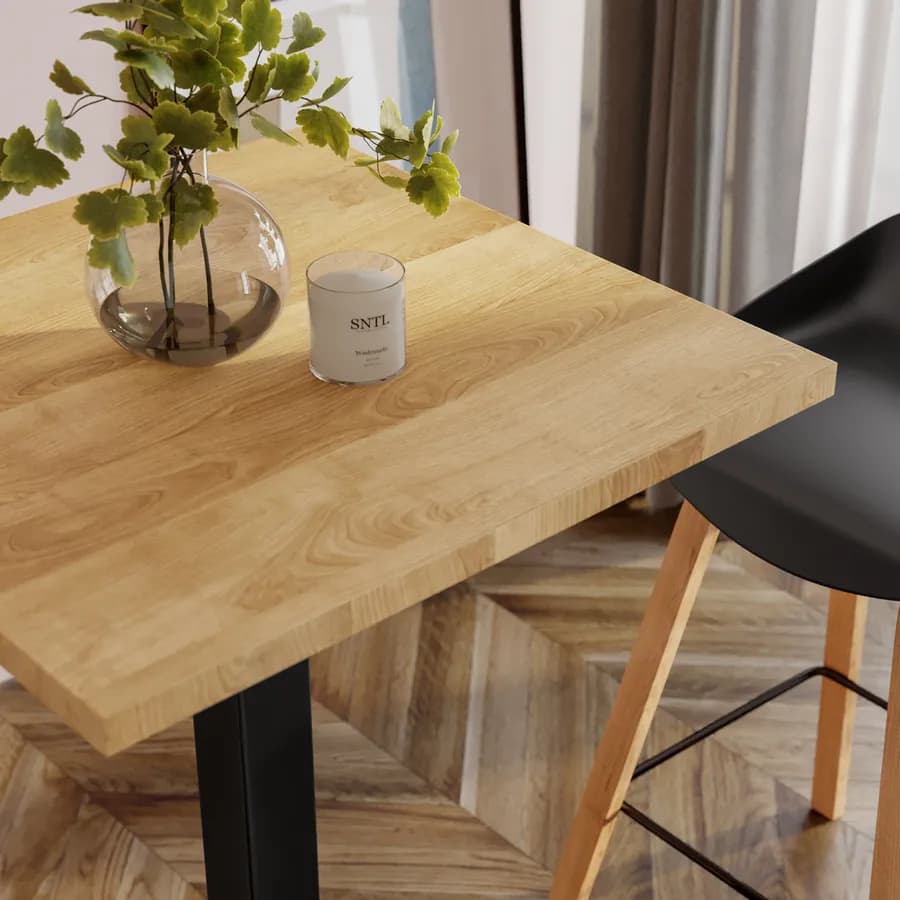 Tavolo alto 70x70 cm con piano rovere e struttura in metallo nero - Caio