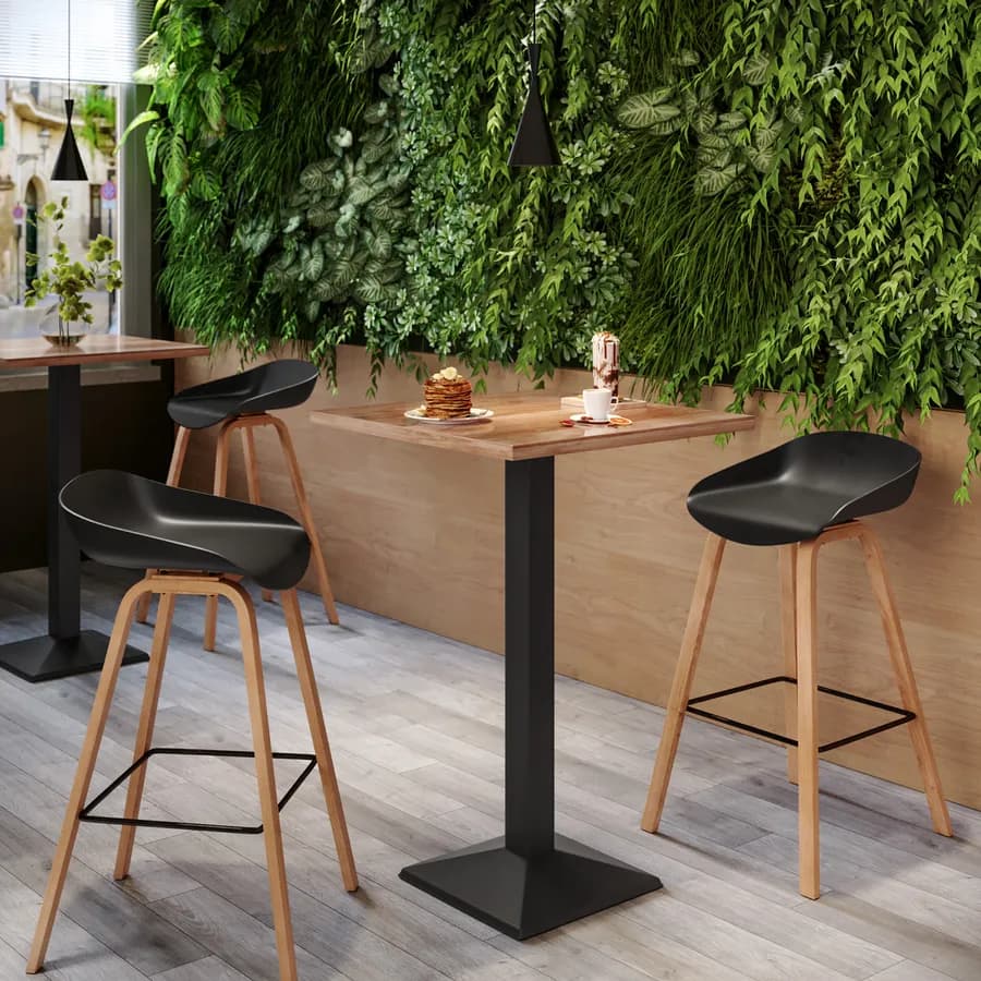 Tavolo alto 70x70 cm con piano rovere scuro e struttura in metallo nero - Caio