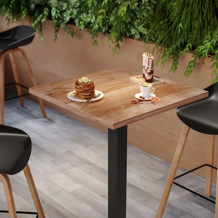Tavolo alto 70x70 cm con piano rovere scuro e struttura in metallo nero - Caio