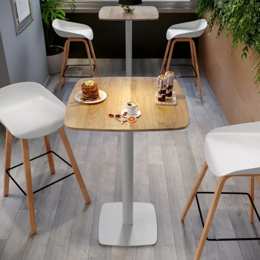 Tavolo alto 70x70 cm top effetto rovere con bordi arrotondati e base in metallo bianco - Caio Round