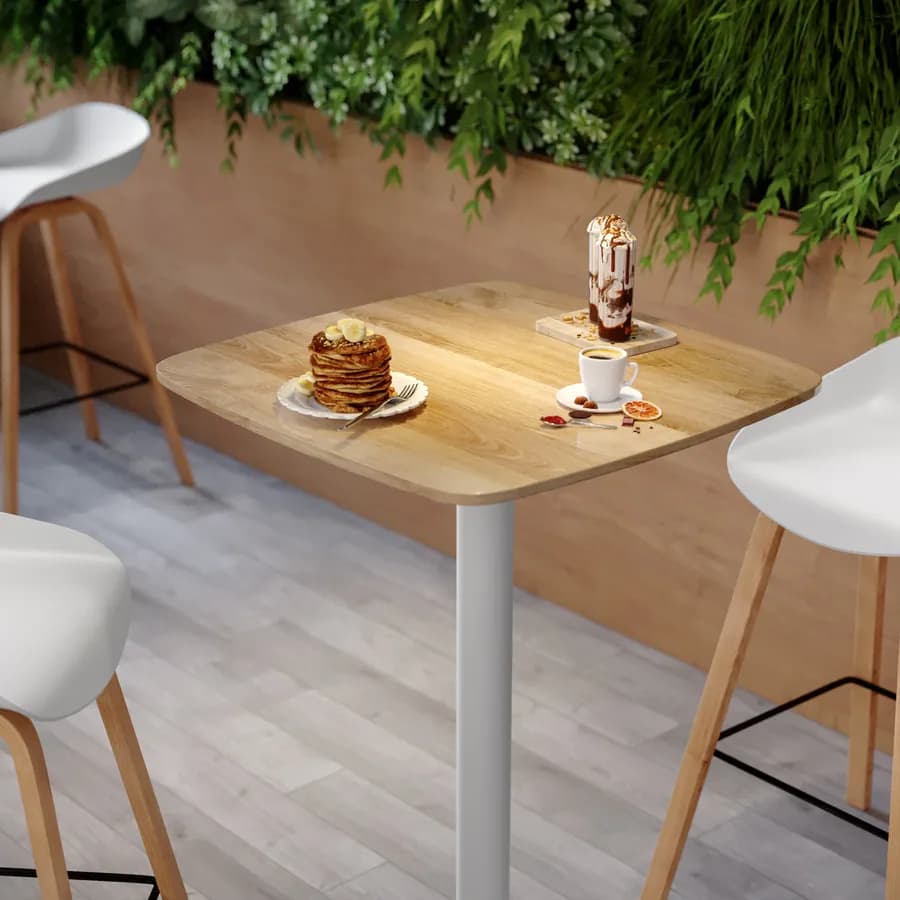 Tavolo alto 70x70 cm top effetto rovere con bordi arrotondati e base in metallo bianco - Caio Round