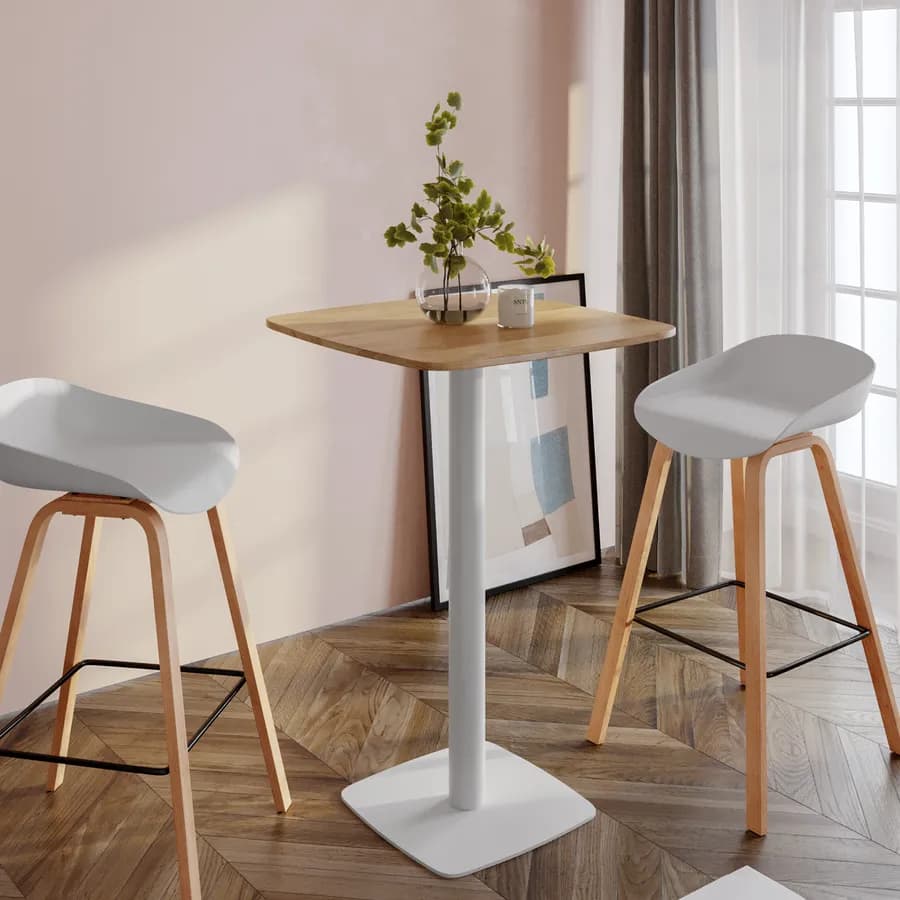 Tavolo alto 70x70 cm top effetto rovere con bordi arrotondati e base in metallo bianco - Caio Round