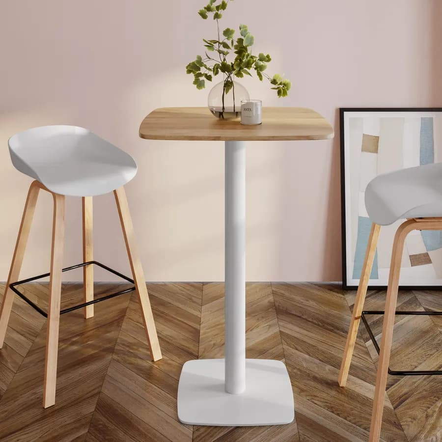 Tavolo alto 70x70 cm top effetto rovere con bordi arrotondati e base in metallo bianco - Caio Round
