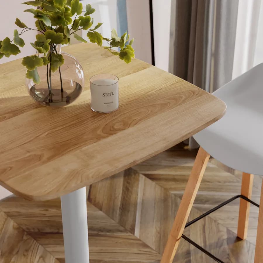 Tavolo alto 70x70 cm top effetto rovere con bordi arrotondati e base in metallo bianco - Caio Round
