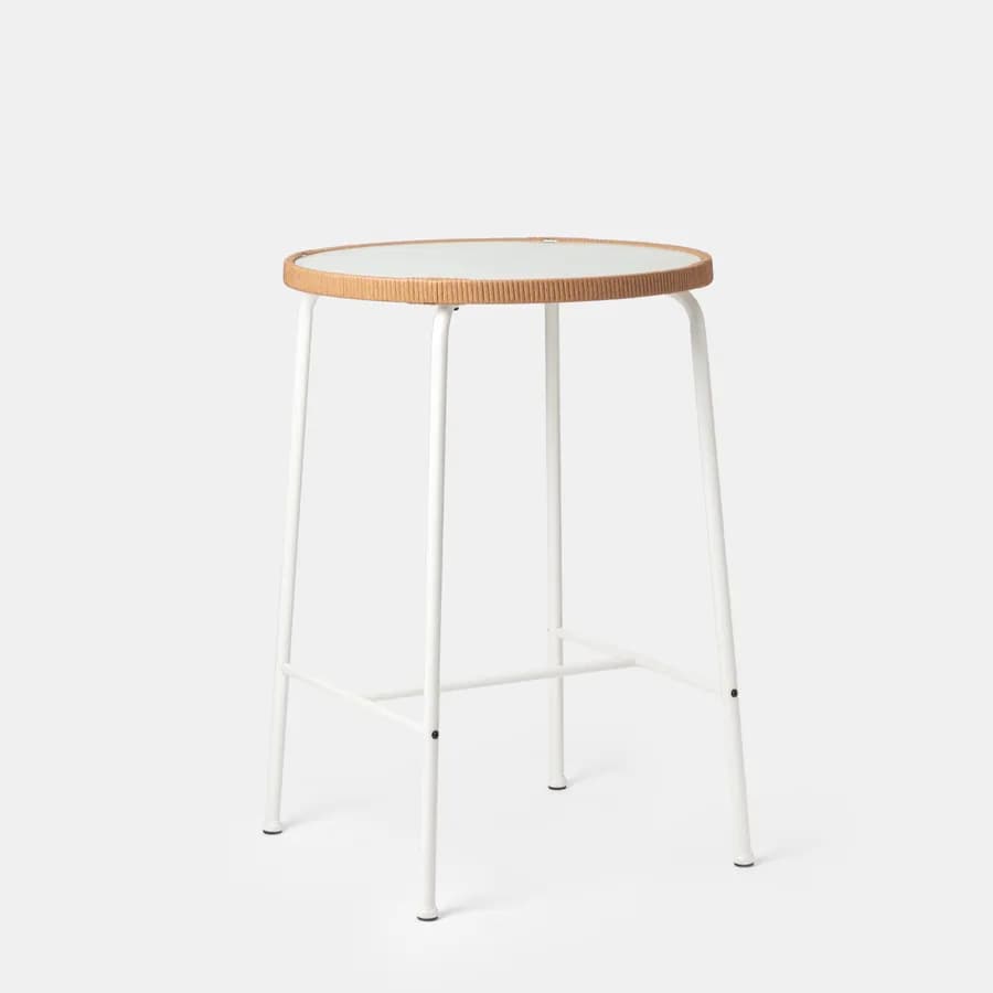 Tavolo alto da esterno rotondo 70 cm in acciaio bianco polyrattan naturale e top in vetro - Griel