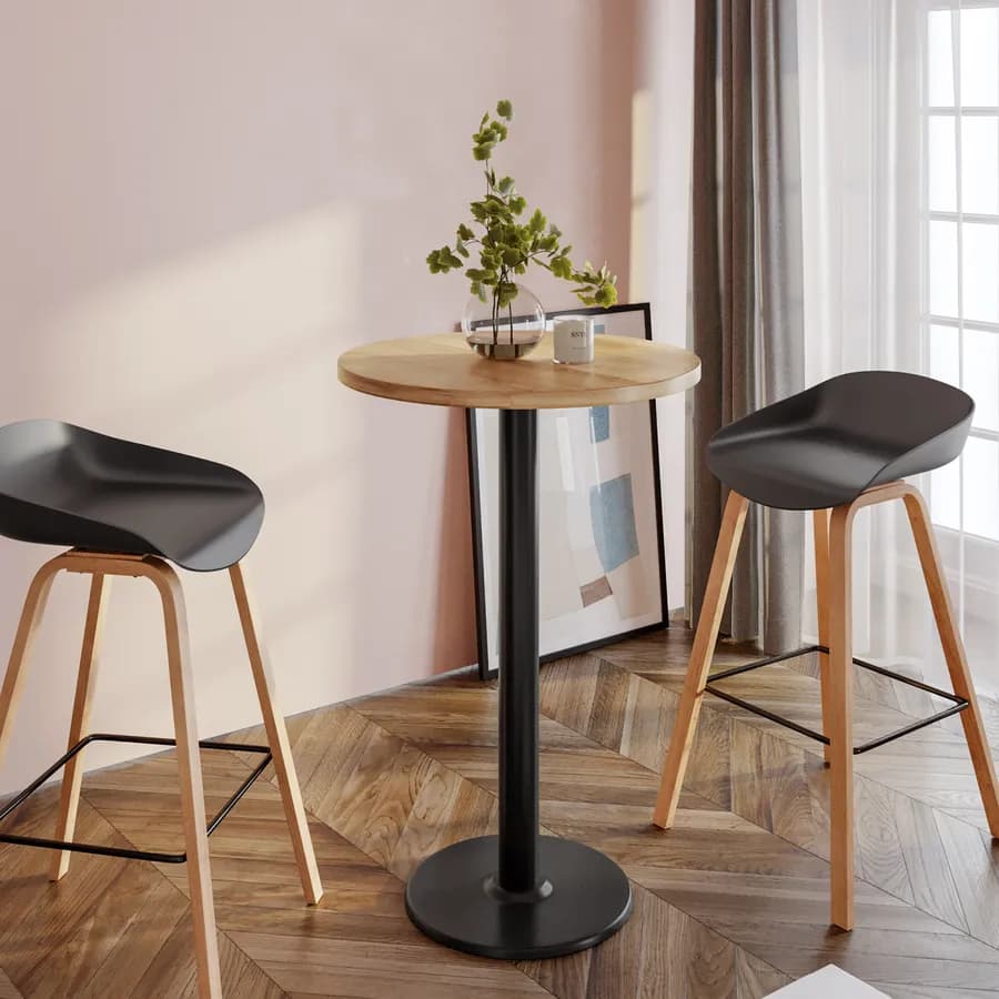Tavolo alto rotondo 60 cm con piano rovere e struttura in metallo nero - Caio