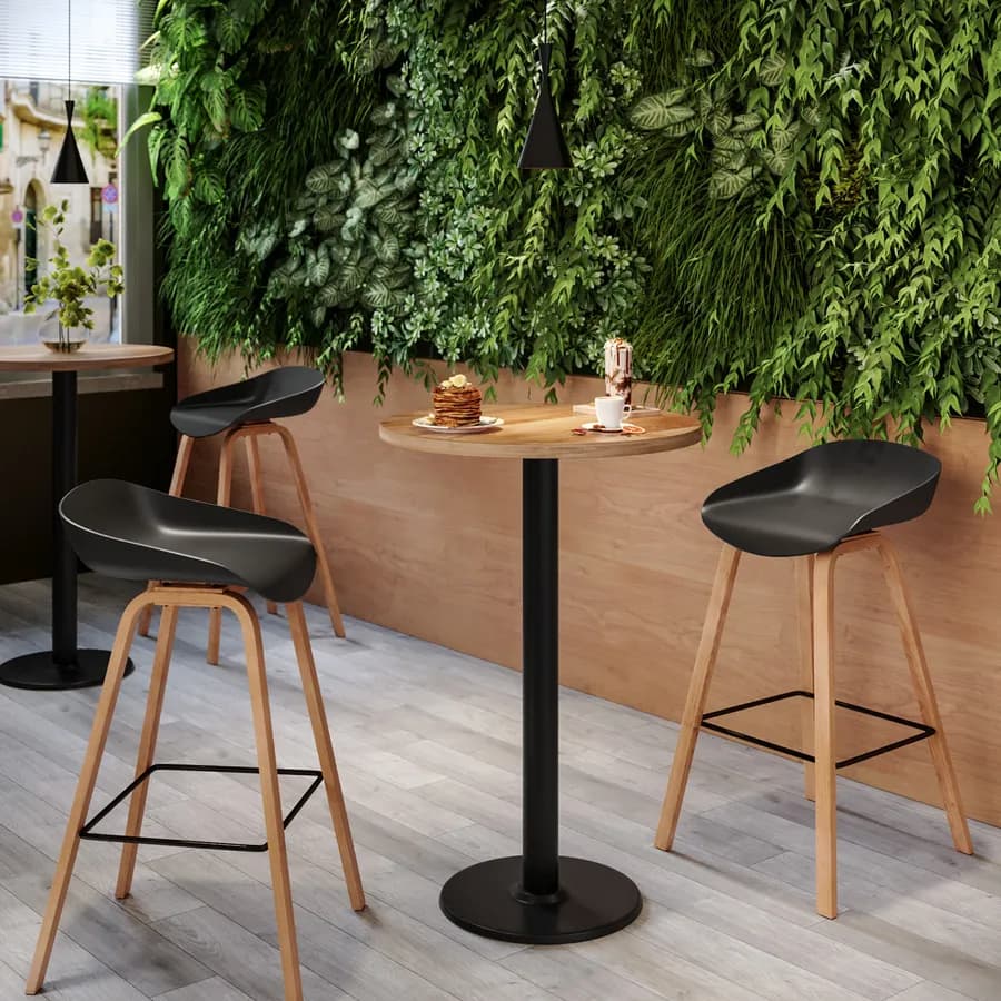 Tavolo alto rotondo 60 cm con piano rovere scuro e struttura in metallo nero - Caio