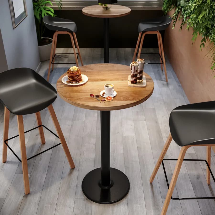 Tavolo alto rotondo 60 cm con piano rovere scuro e struttura in metallo nero - Caio