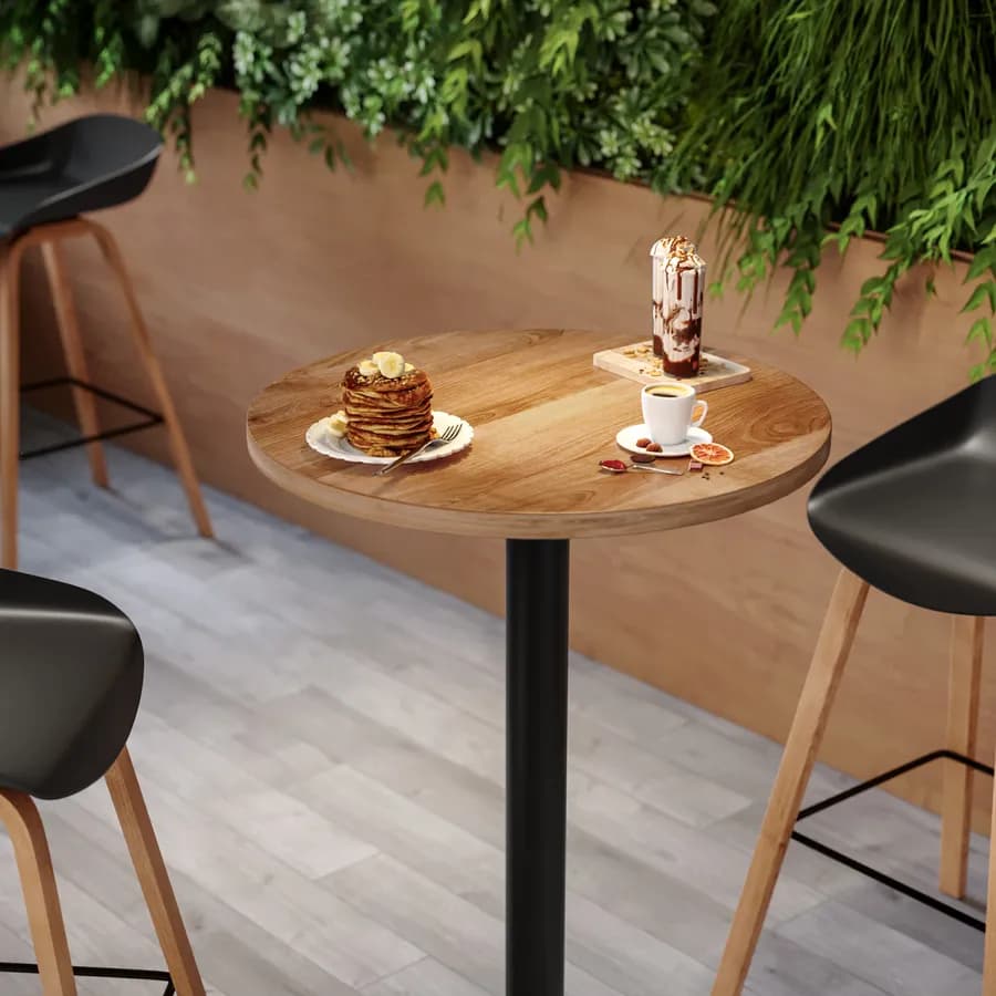 Tavolo alto rotondo 60 cm con piano rovere scuro e struttura in metallo nero - Caio