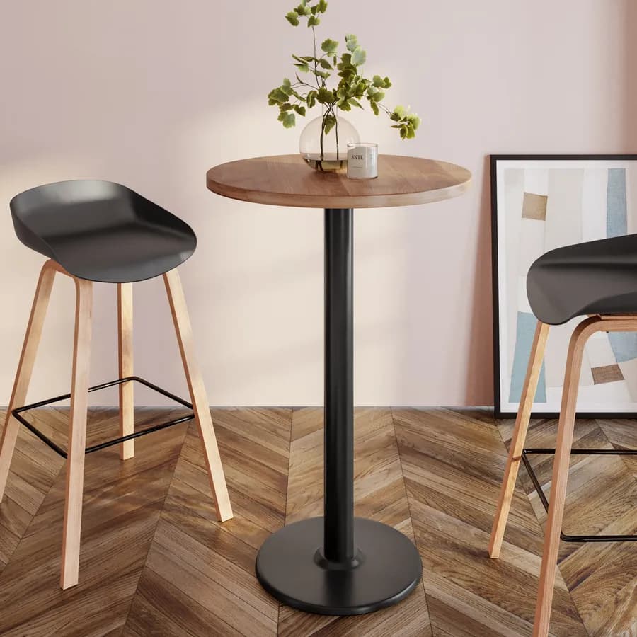 Tavolo alto rotondo 60 cm con piano rovere scuro e struttura in metallo nero - Caio