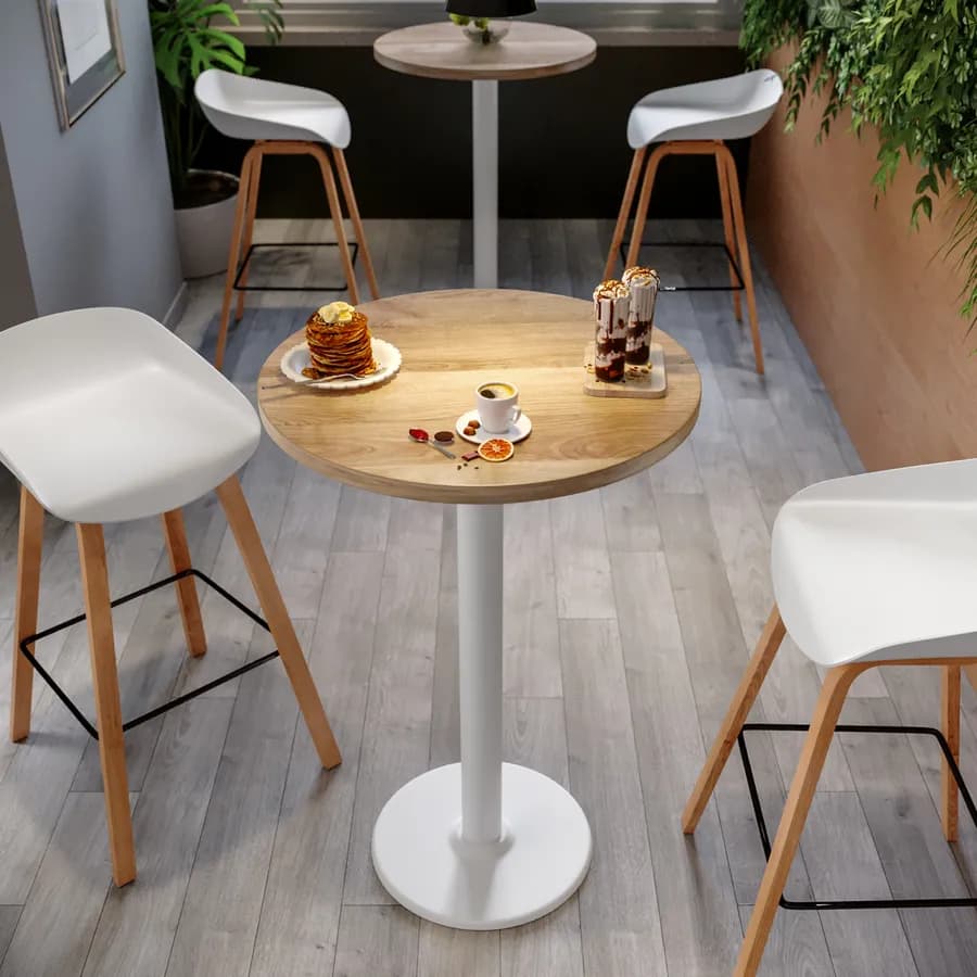 Tavolo alto rotondo 80 cm con piano rovere e struttura in metallo bianco - Caio