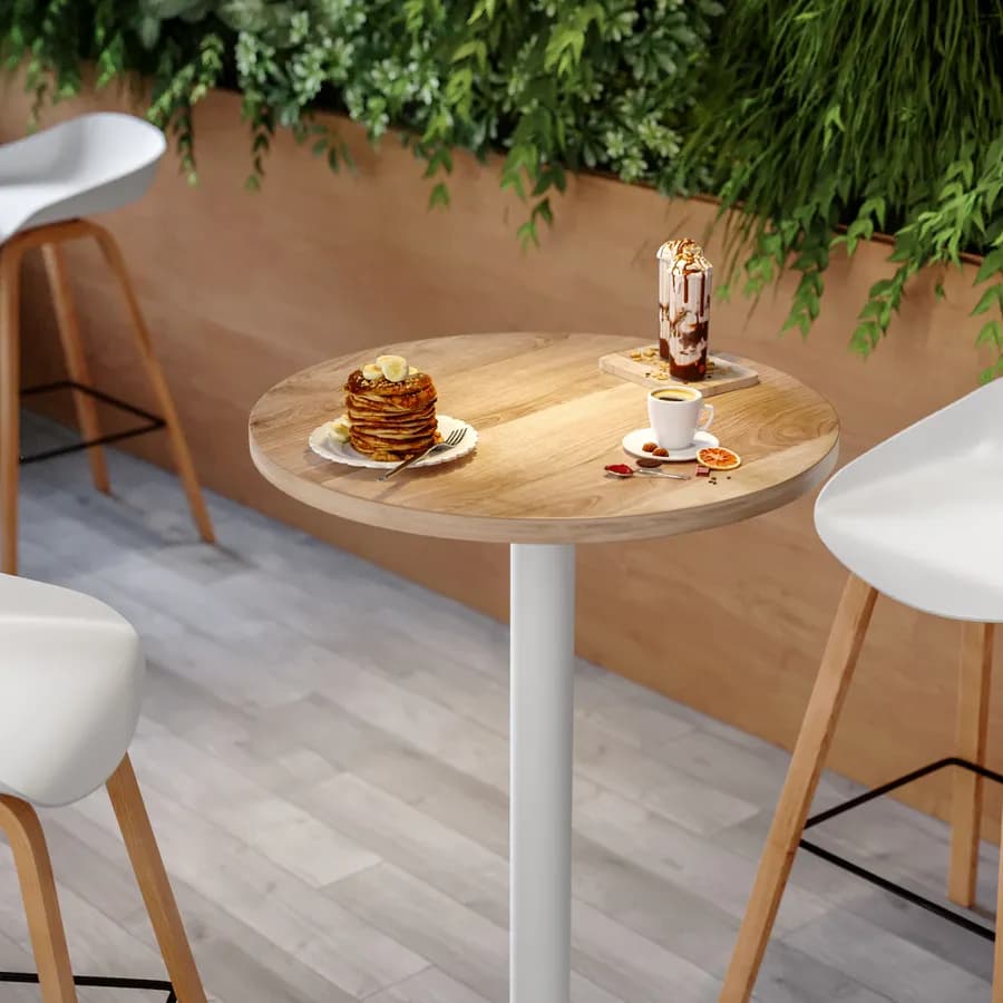 Tavolo alto rotondo 80 cm con piano rovere e struttura in metallo bianco - Caio