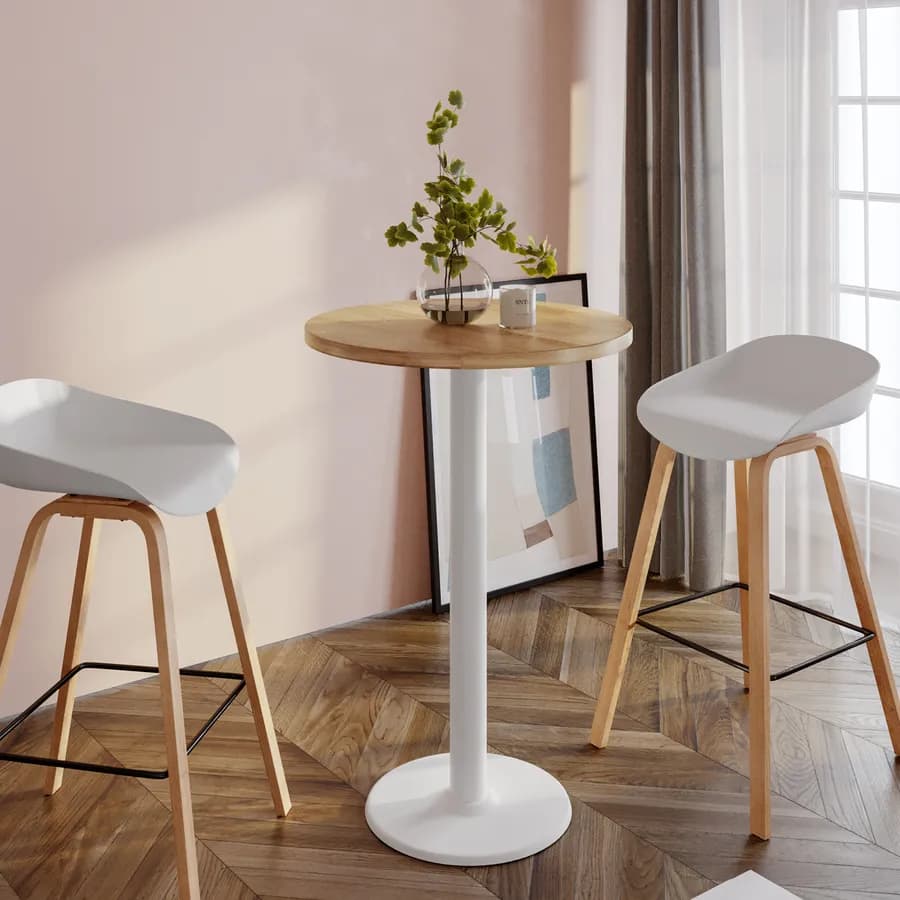 Tavolo alto rotondo 80 cm con piano rovere e struttura in metallo bianco - Caio