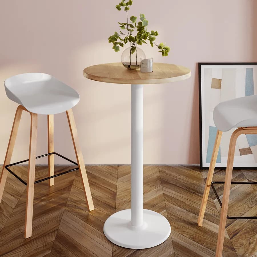 Tavolo alto rotondo 80 cm con piano rovere e struttura in metallo bianco - Caio
